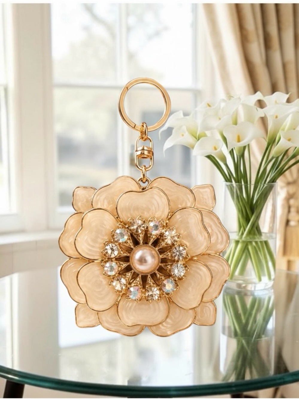 Cream and Gold Floral Crystal Bag charm/ Keychain Charm - Accessory